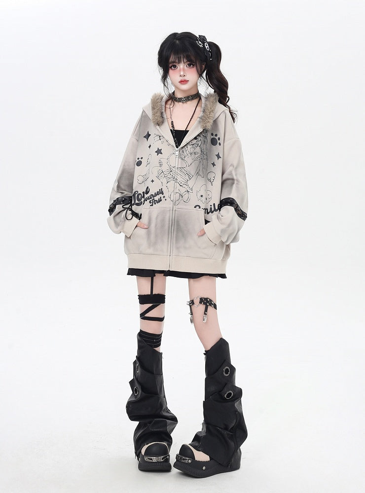 Khaki/Black Faux Fur Collar Loose Punk Coat with Lace-Up Detail
