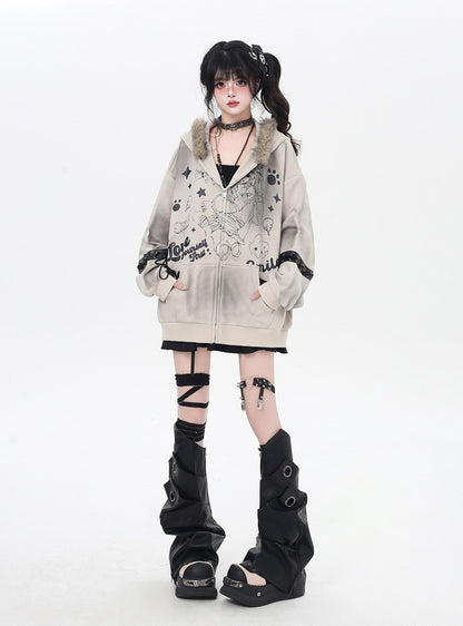 Khaki/Black Faux Fur Collar Loose Punk Coat with Lace-Up Detail