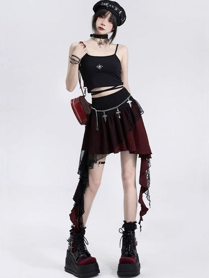 Lace Panel Irregular Hem Plaid Skirt Black and Red/Black and Pink Music Festival Outfits