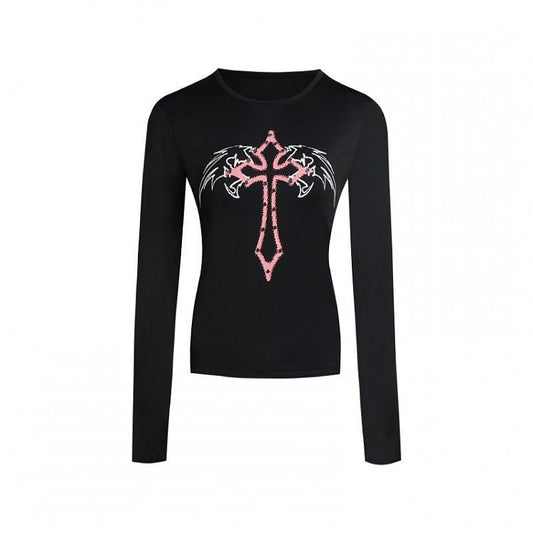 Gothic Cross and Wing Print Black  Punk Cropped Top