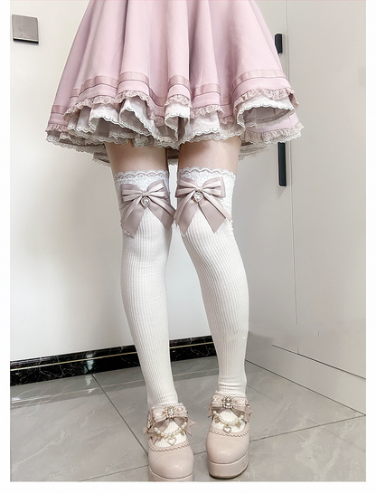 Dusty Pink Bow Detail Front Heart Rhinestone Jirai Kei Over Knee Stockings