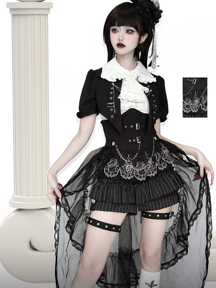 Black and White Prince Ouji Lolita Outfit - White Sleeveless Shirt + Black Cropped Top + Hiigh Waist Blommer Shorts Full Set