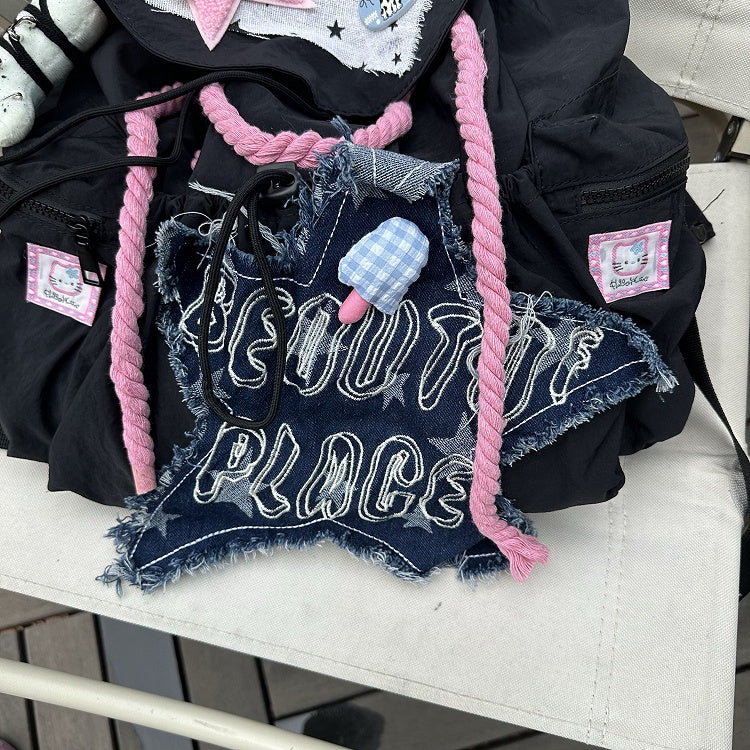 Y2K Preppy Black & Pink Drawstring Backpack with Frayed Star Applique