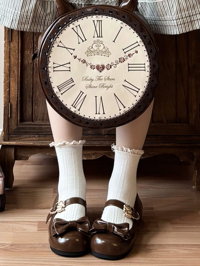 Brown Bow at Top Sweet Lolita Flats with Hugging Bear Heart Buckles