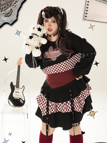 Plus Size Checked Pattern Black and Red Cropped Sweat Shirt / Red Halter Neck Top