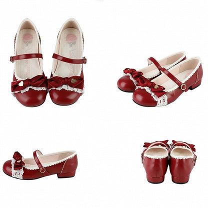 Romantic Heart Bow, Lace Trim & Scalloped Trim Details Red Low-heel Shoes in Classic Lolita