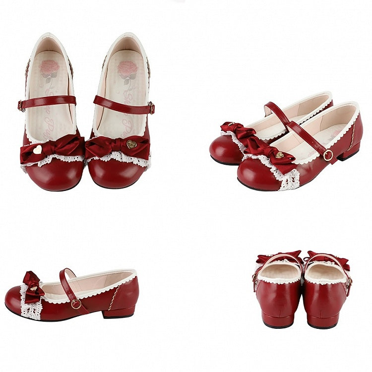 Romantic Heart Bow, Lace Trim & Scalloped Trim Details Red Low-heel Shoes in Classic Lolita