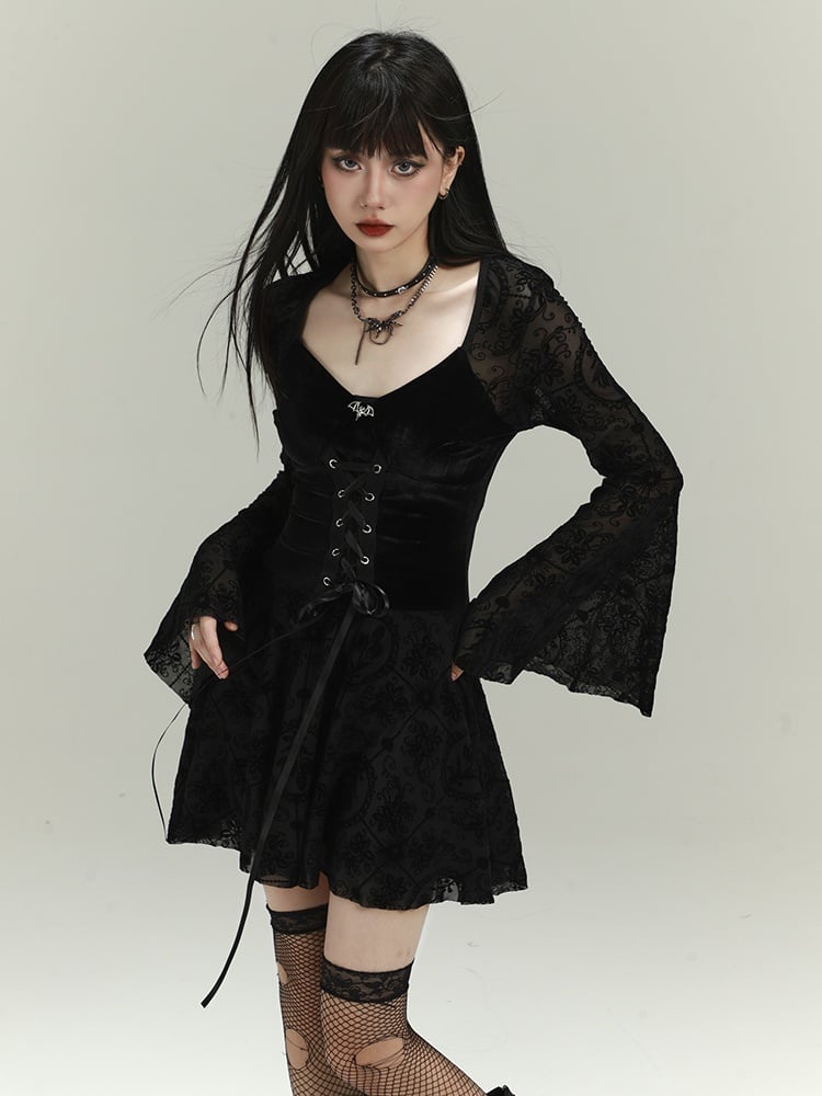 Gothic Black Lace Bell Sleeves Thigh-length Dress with Lace-up Detail at Waist