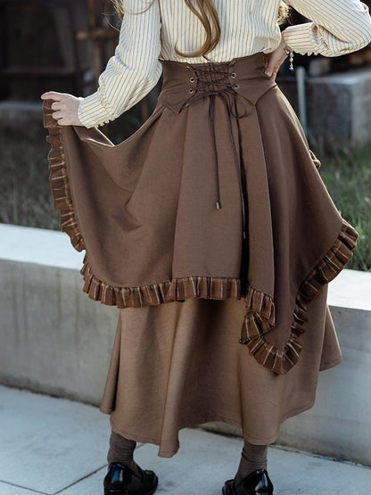 Steampunk Dark Brown Plaid Pattern Ruffled Hem Train