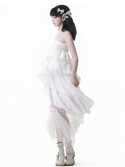 White Elastic Waist Handkerchief Hem Lace Under Skirt