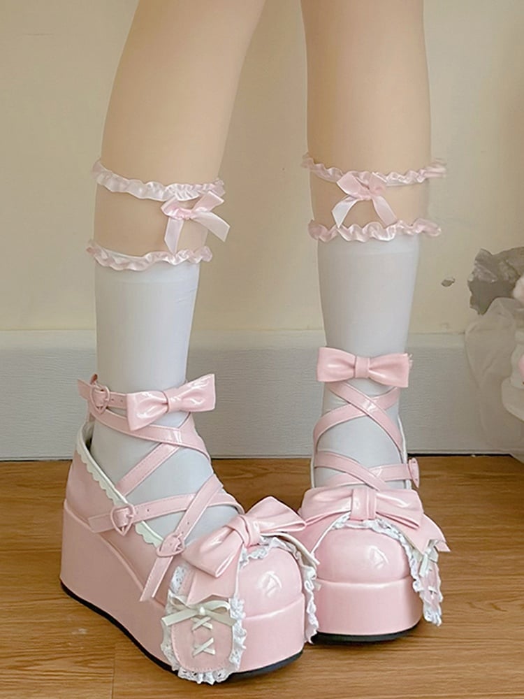 Polished Pink Crisscross Design Bunny Ear Bowknot Sweet Lolita 6.5CM Platforms