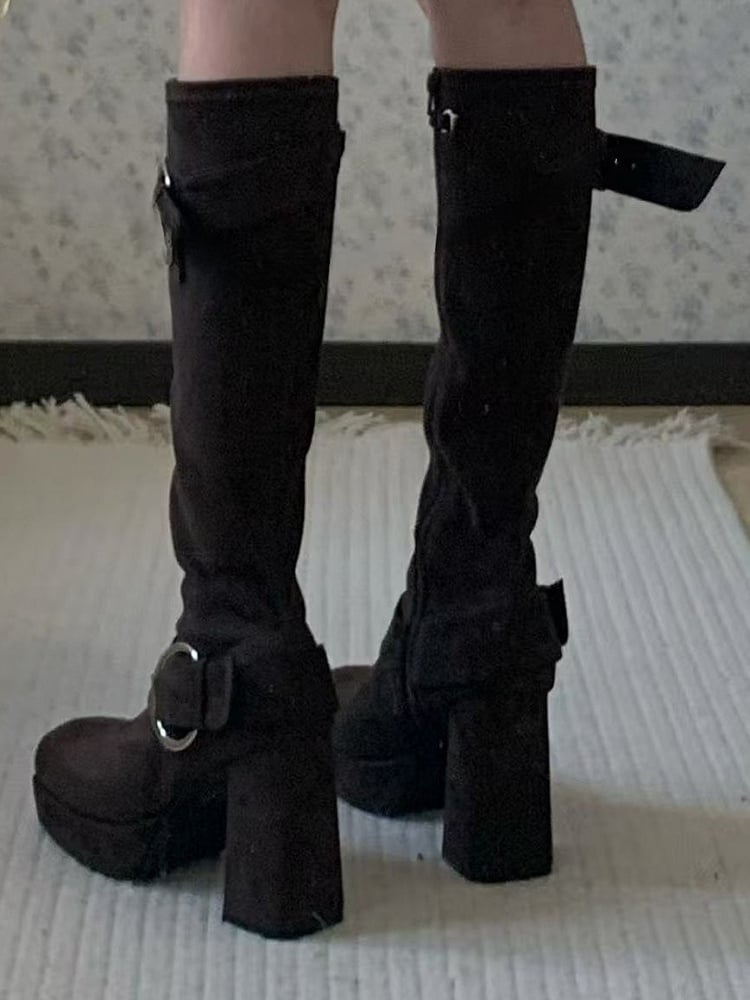 Buckle Details & Inner Zip Closure Square Toe Brown Knee-High Boots with Platform High Block Heel