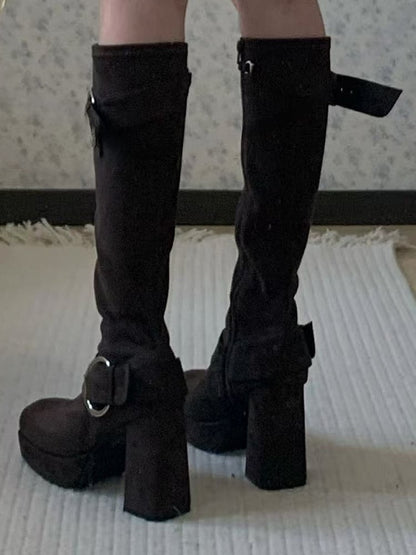 Buckle Details & Inner Zip Closure Square Toe Brown Knee-High Boots with Platform High Block Heel