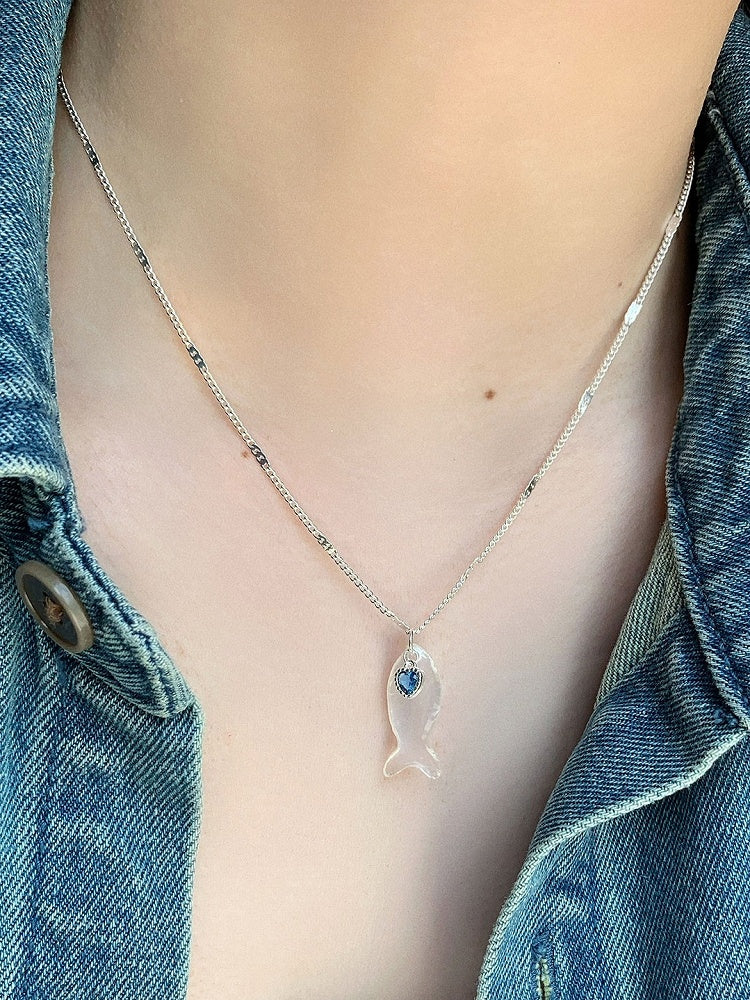 Blue/White Y2K Bittersweet Fish And Rhinestone Heart Pendant Necklace