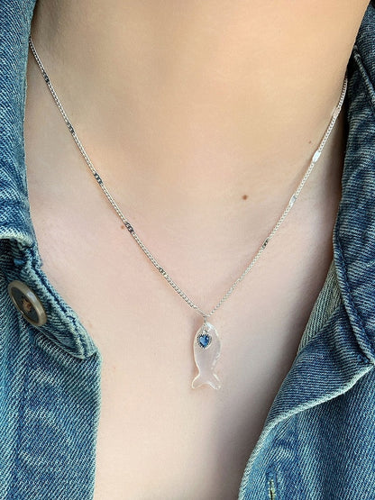 Blue/White Y2K Bittersweet Fish And Rhinestone Heart Pendant Necklace