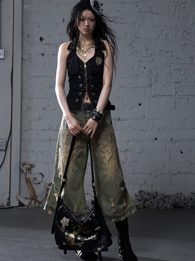 Gold Ship Anchor Print Punk Distressed Design Black/White PVC Crossbody Bag