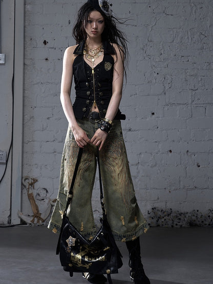 Gold Ship Anchor Print Punk Distressed Design Black/White PVC Crossbody Bag