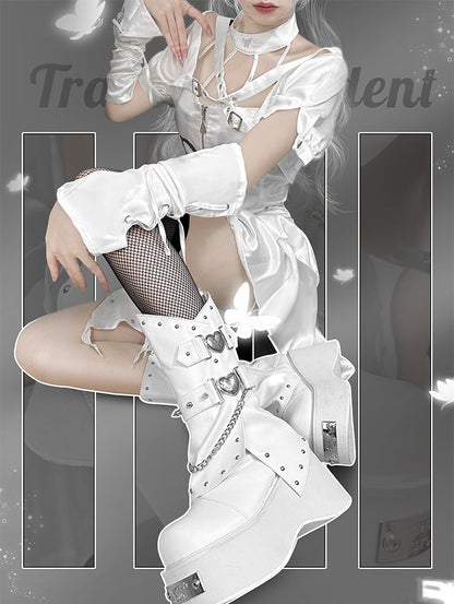 Punk Silver-tone Studs White Goth Platform Boots