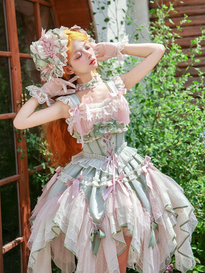 Pink and Green Basque Waist Fairycore Lolita Jumper Skirt with Layered Handkerchief Hem