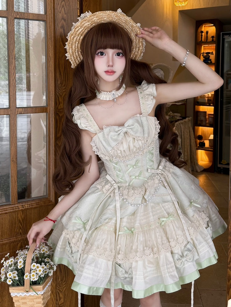 Bowknots and Beads Decoration Mint Green Flutter Sleeves Balletcore Sweet Lolita Jumper Skirt