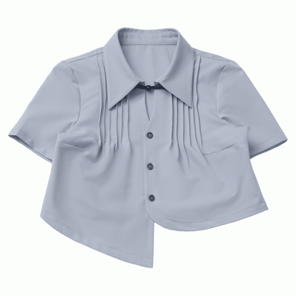 Blue Asymmetrical Hem Pleating Details Short Sleeves Cropped Shirt
