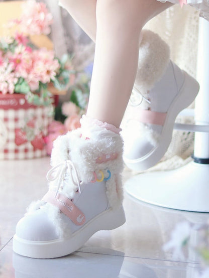 White Bunny Themed Winter Boots - Platform Sole with Plush Ear Accents & Hybrid Fastening
