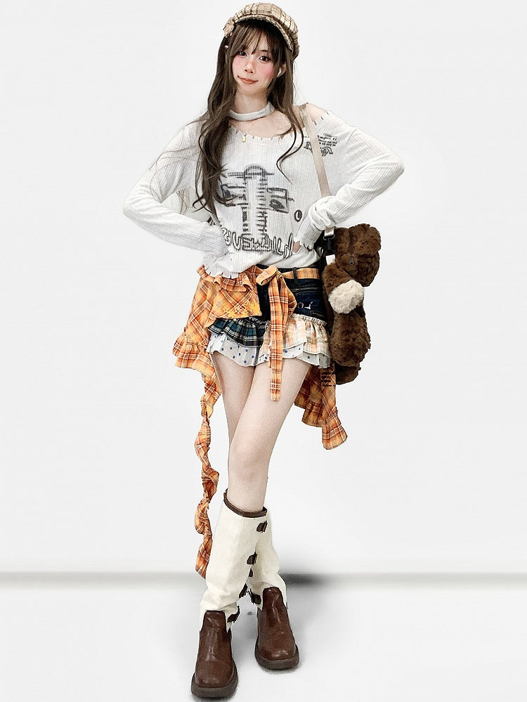 White Y2K Asymmetrical Neckline Print Design Long Sleeves Top + Neck Accessory