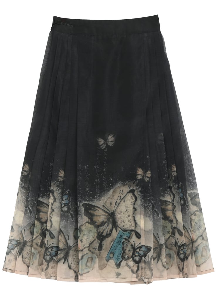Cheongsam Style Butterfly Print Black Horse-Face Pleated Skirt Long/Short Version