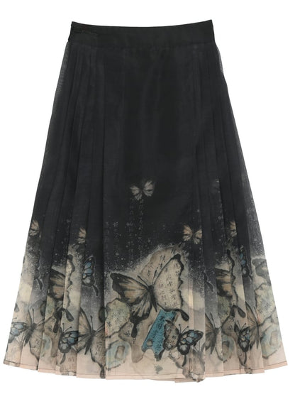 Cheongsam Style Butterfly Print Black Horse-Face Pleated Skirt Long/Short Version