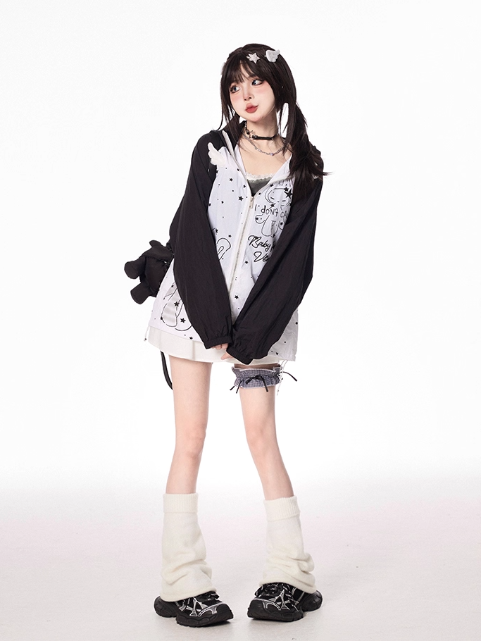 Kitty Ears Design Hood Cartoon Print Black/Green Colorblock Zip-up Jacket