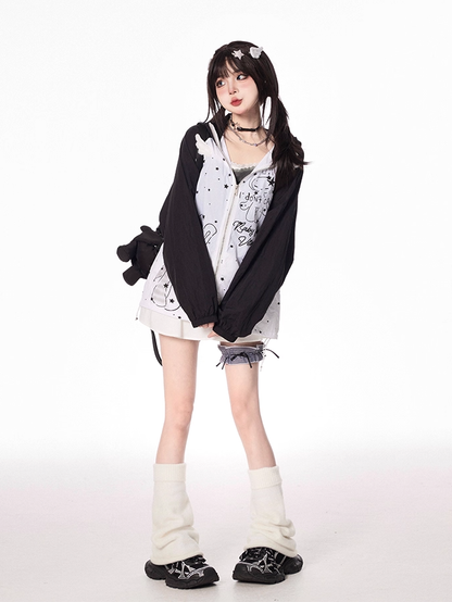 Kitty Ears Design Hood Cartoon Print Black/Green Colorblock Zip-up Jacket