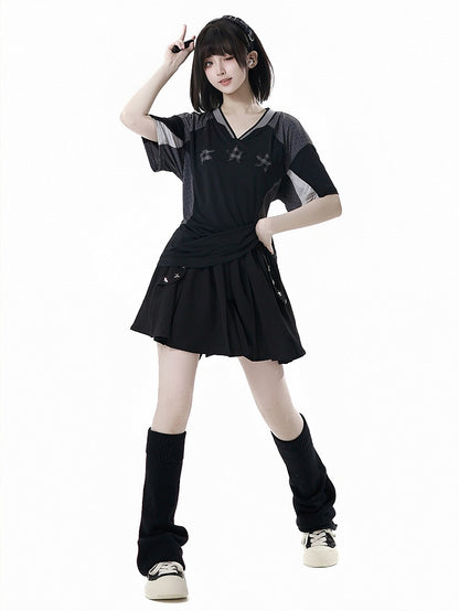 Black Elastic Waist Star Studs Skirt Long/Short Version