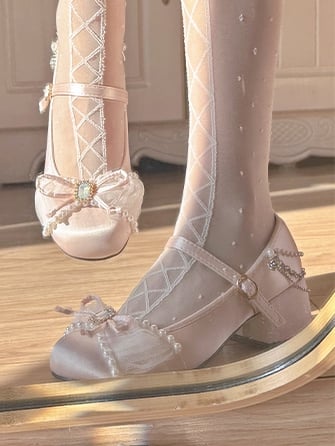 Bead and Rhinestone Details Light Pink Sweet Mary Janes with Chains