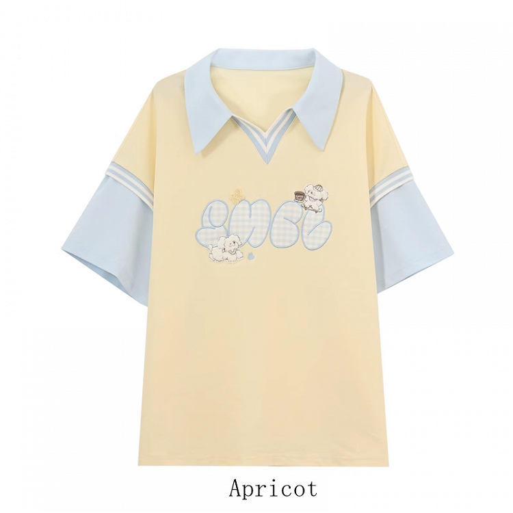 Cute Puppy Embroidery Apricot/Blue Colorblock Design Loose T-shirt Faux Two-pieces