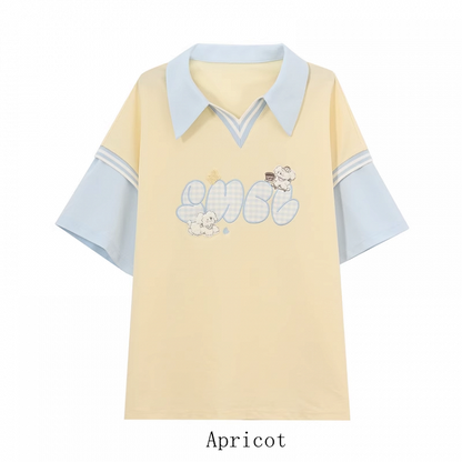 Cute Puppy Embroidery Apricot/Blue Colorblock Design Loose T-shirt Faux Two-pieces