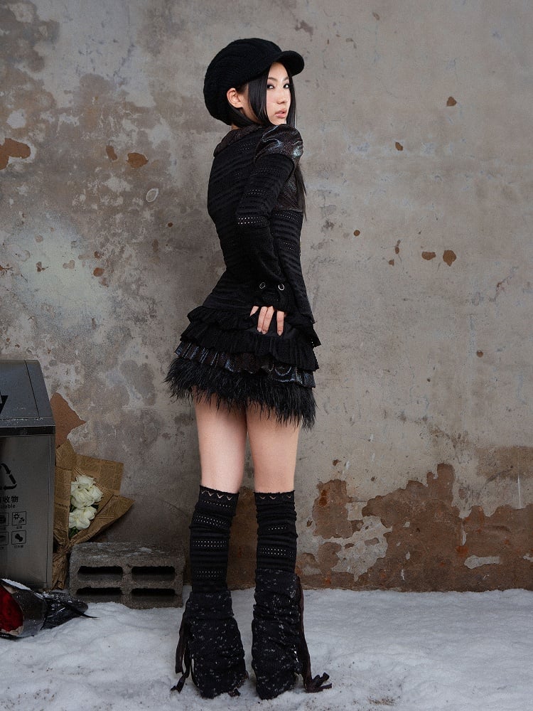 Y2K Black Punk Rock Ruched Leg Warmers with Self-tie Straps & Side Button