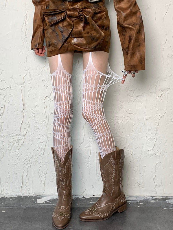 Brown/Black/Gray/White/Red Wasteland Punk Hollow-out Design Suspender Stockings