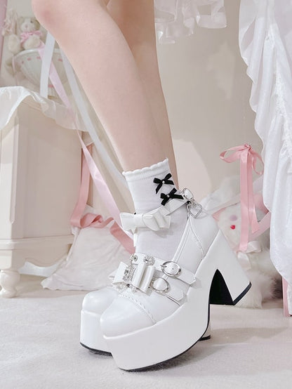 Matte White Jirai Kei Beaded Charm Rhinestone Decorated Bowknot Details Platform High Block Heels