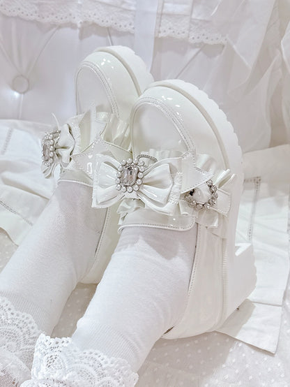 PU Leather Polished White Jirai Kei 7.5cm High Heels with Rhinestone Bead Bow, Ruffles Edging & Slip-On Comfort