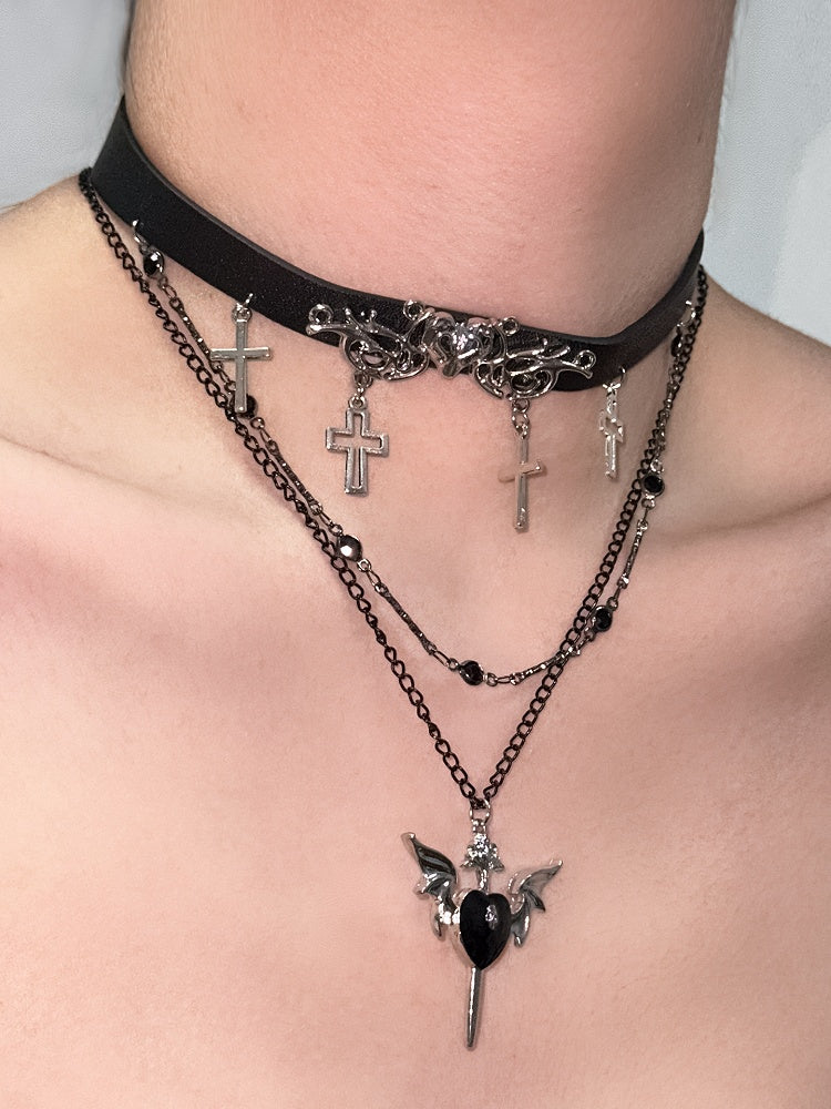 Black Bittersweet Cross And Heart Pendant Choker