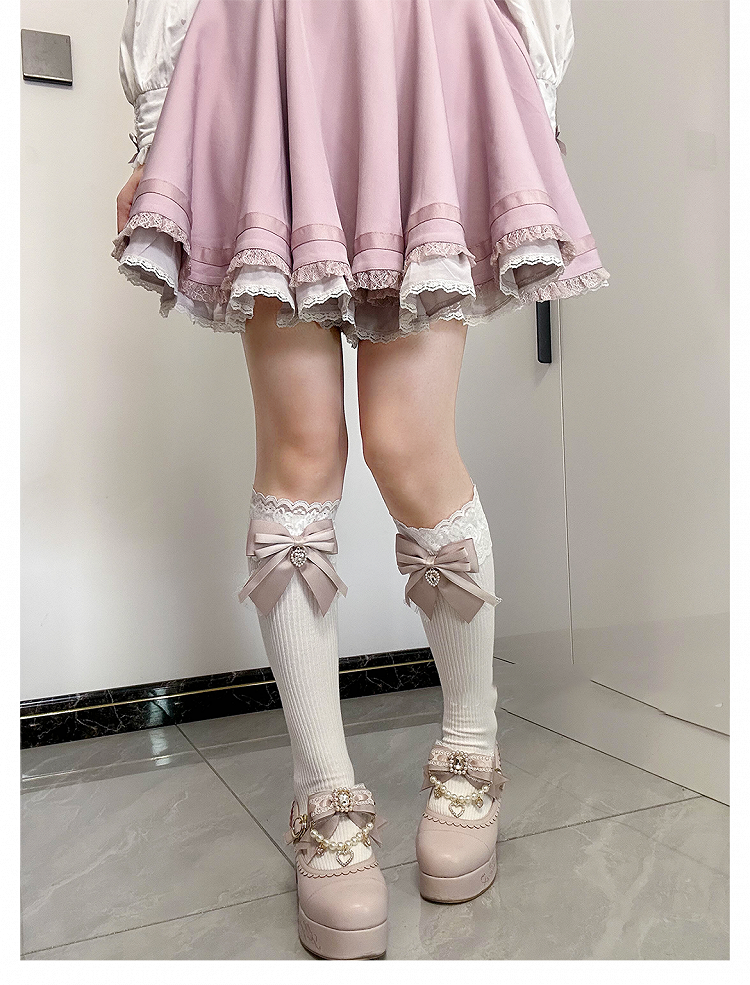 Dusty Pink Bow Detail Front Heart Rhinestone Jirai Kei Under Knee Stockings