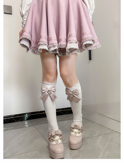 Dusty Pink Bow Detail Front Heart Rhinestone Jirai Kei Under Knee Stockings