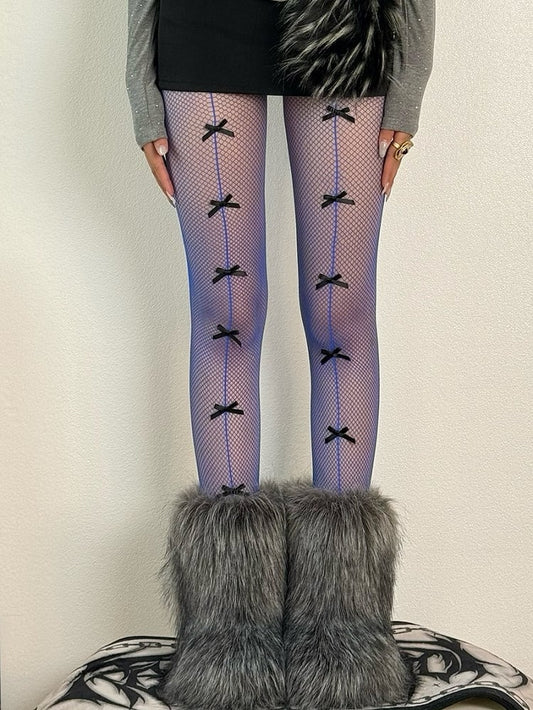 Blue/Black/Red/White Gyaru Fashion Bowknot Details Tights