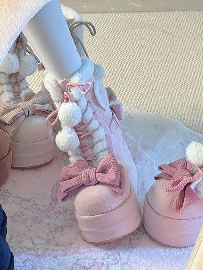 6cm/8.5cm Platform Pink Sweet Style Winter Boots with Heart Patches & Bow Accents