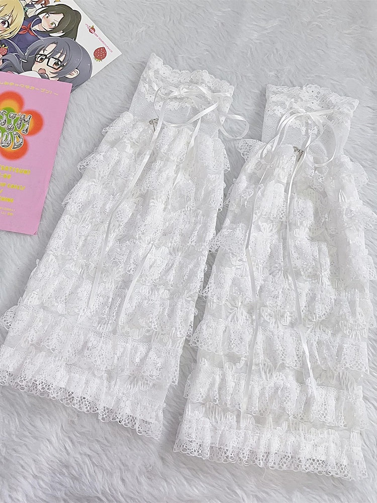 White Lace Floral Pattern Bowknot Details Semi-sheer Leg Sleeves With Self-tie Straps
