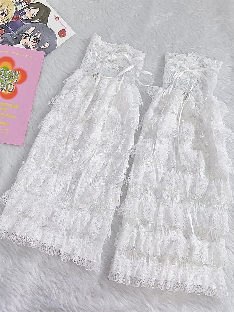 White Lace Floral Pattern Bowknot Details Semi-sheer Leg Sleeves With Self-tie Straps
