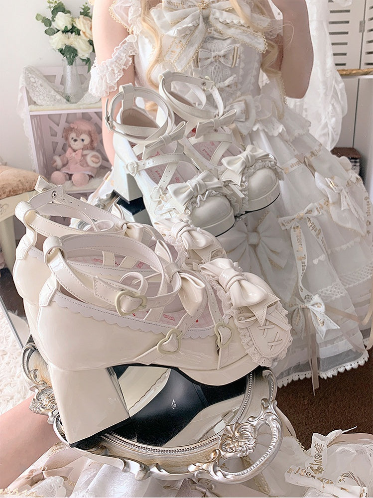 Beige Crisscross Design Bunny Ear Bowknot Sweet Lolita 8CM High Block Heels
