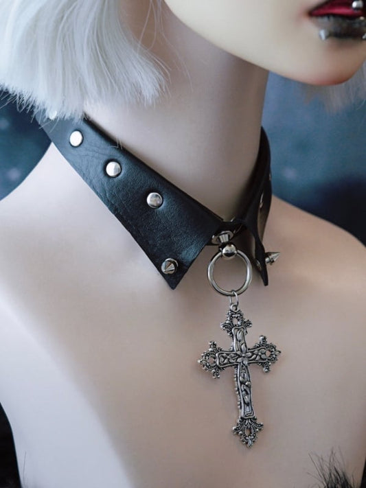 Black&Silver Gothic Cross Pendant Studs Design Buckle Choker