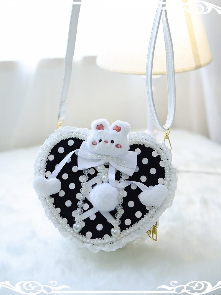 Black Polka-dot Pattern Beaded Decorated Plush Bunny Design Heart-shaped Crossbody Bag With Pompon