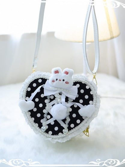 Black Polka-dot Pattern Beaded Decorated Plush Bunny Design Heart-shaped Crossbody Bag With Pompon